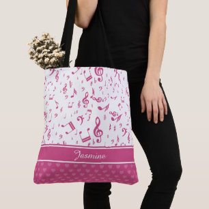 Aangepaste Muzieknoten en Hearts Patroon roze wit Tote Bag