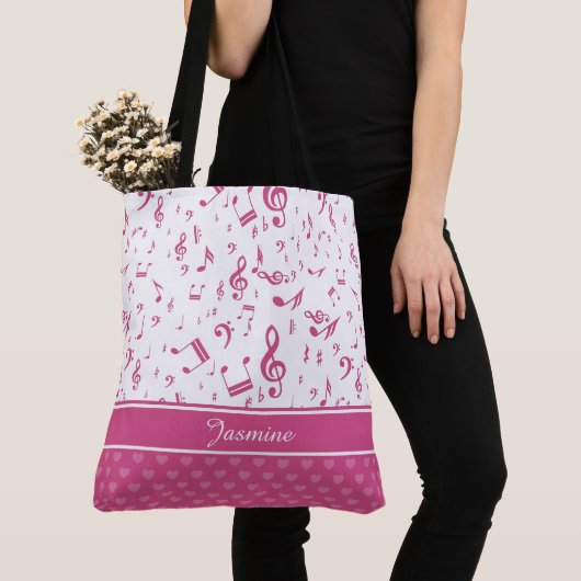 Aangepaste Muzieknoten en Hearts Patroon roze wit Tote Bag (Dichtbij)