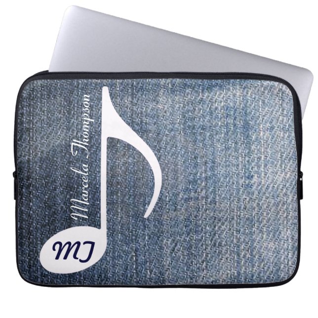 aangepaste muzieknotitie over jeans laptop sleeve (Voorkant)
