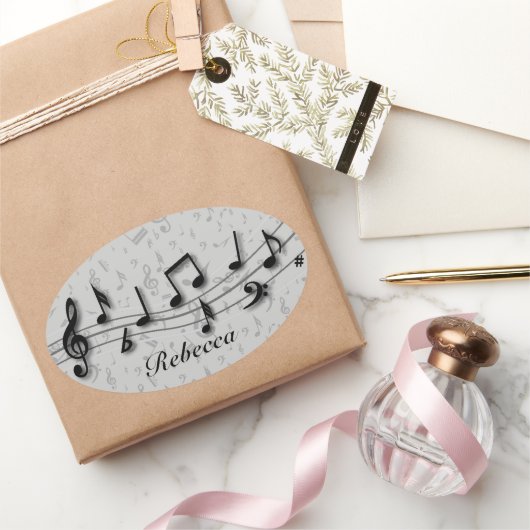 Aangepaste muzieknotities voor zwart en grijs ovale sticker (Geschenken)