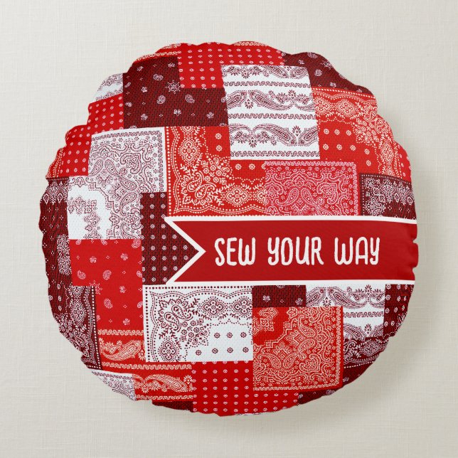Aangepaste Naaiwerk Patchwork Bandana Quilt Patroo Rond Kussen (Voorkant)