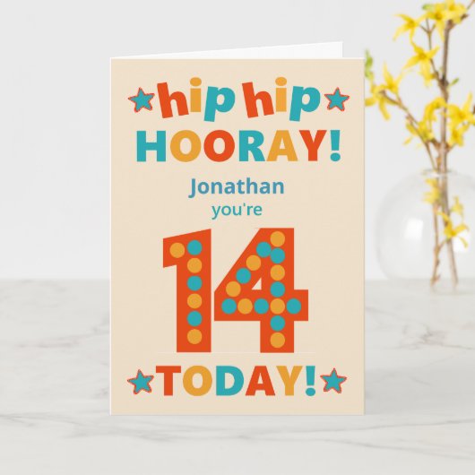 Aangepaste naam 14e verjaardag Hip Hooray Kaart (Gele Bloem)