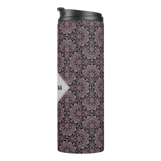 Aangepaste Naam 1920s Dusky Roos Bloemen Fronds Ma Thermosbeker (Geroteerd rechts)