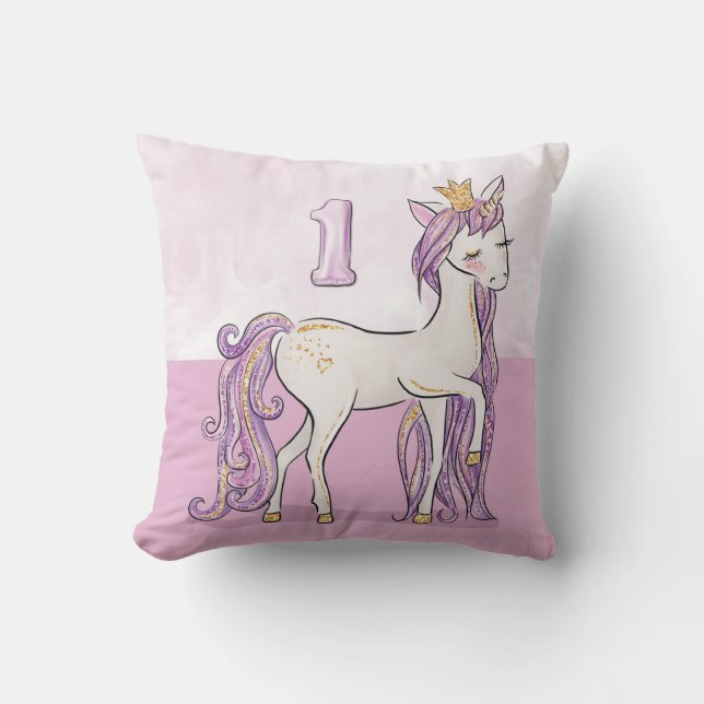 Aangepaste naam 1e verjaardag roze paard met kroon kussen (Voorkant)