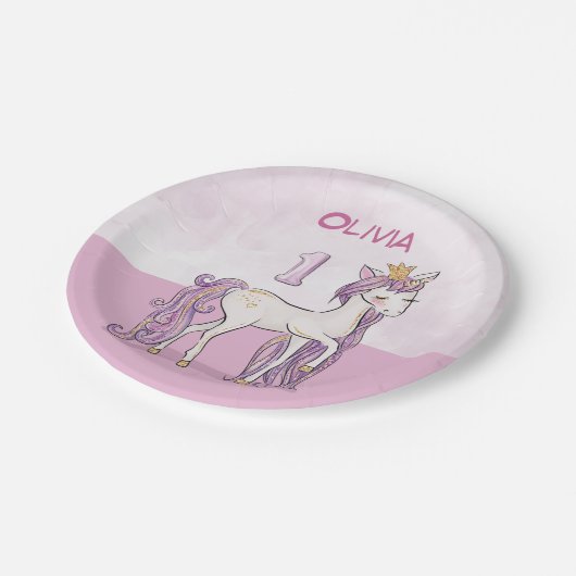 Aangepaste naam 1e verjaardag roze paard met kroon papieren bordje (Gekanteld)