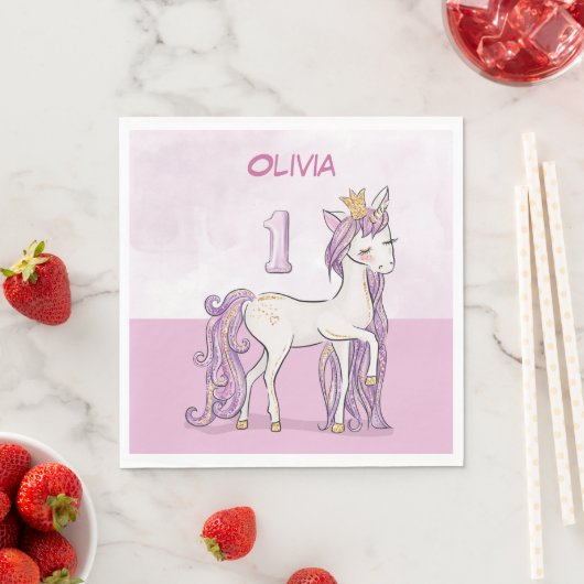Aangepaste naam 1e verjaardag roze paard met kroon servet (Insitu)