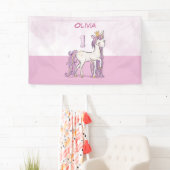 Aangepaste naam 1e verjaardag roze paard met kroon spandoek (Insitu)