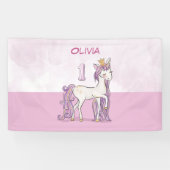 Aangepaste naam 1e verjaardag roze paard met kroon spandoek (Horizontaal)