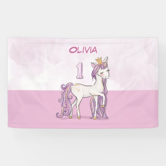 Aangepaste naam 1e verjaardag roze paard met kroon spandoek (Horizontaal)