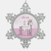 Aangepaste naam 1e verjaardag roze paard met kroon tin sneeuwvlok ornament (Voorkant)