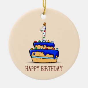 Aangepaste naam, 1e verjaardag, Zoete Blauwe Taart Keramisch Ornament