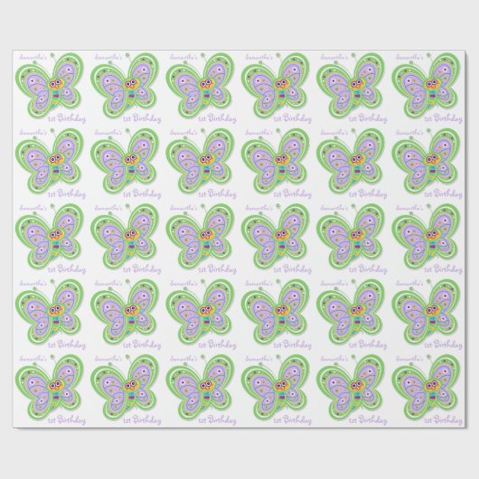 Aangepaste naam 1st Birthday Butterfly Cadeaupapier (Vlak)