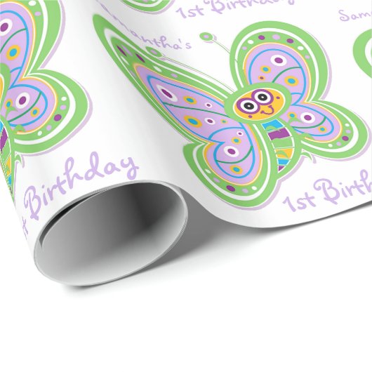 Aangepaste naam 1st Birthday Butterfly Cadeaupapier (Rol Hoek)