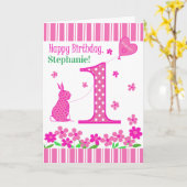 Aangepaste naam 1st verjaardag met roze bundelkaar kaart (Gele Bloem)