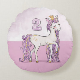 Aangepaste naam 2e verjaardag Roze paard met kroon Rond Kussen