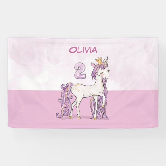 Aangepaste naam 2e verjaardag Roze paard met kroon Spandoek (Horizontaal)