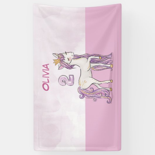 Aangepaste naam 2e verjaardag Roze paard met kroon Spandoek (Verticaal)