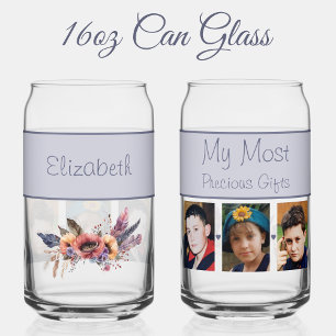 Aangepaste naam 3 foto bloemen paarse blikvorm glas