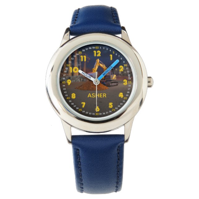 Aangepaste naam 3D Gele Graafmachine Kinderen Horloge (Voorkant)