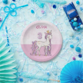 Aangepaste naam 3e verjaardag roze paard met kroon papieren bordje (Feest)