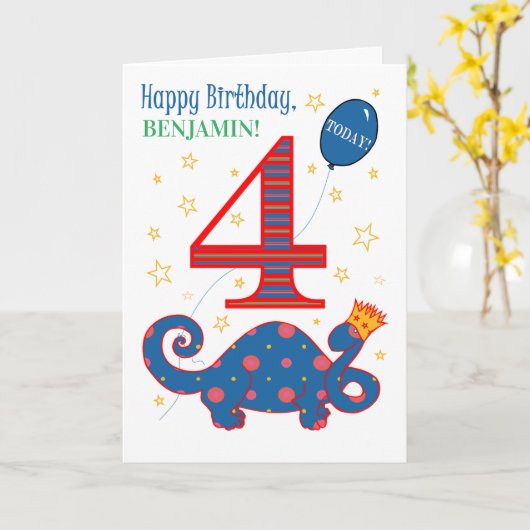 Aangepaste naam 4e verjaardag met Fun Dinosaur-kaa Kaart (Gele Bloem)