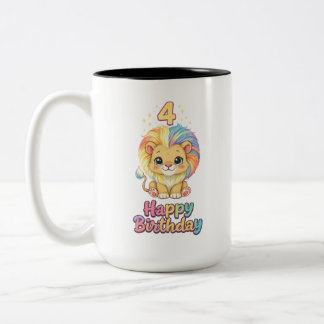 Aangepaste naam 4e verjaardag Schattige Leeuw Tweekleurige Koffiemok