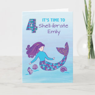 Aangepaste naam 4e verjaardag Sparkly look Mermaid Kaart