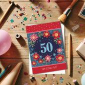 Aangepaste Naam 50e Verjaardag Rood Blauw Bloemen  Kaart
