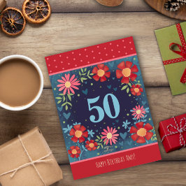 Aangepaste Naam 50e Verjaardag Rood Blauw Bloemen Kaart