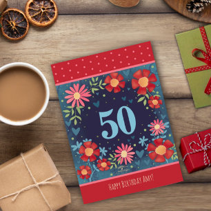 Aangepaste Naam 50e Verjaardag Rood Blauw Bloemen Kaart