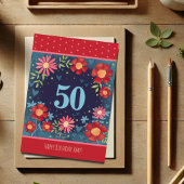 Aangepaste Naam 50e Verjaardag Rood Blauw Bloemen  Kaart