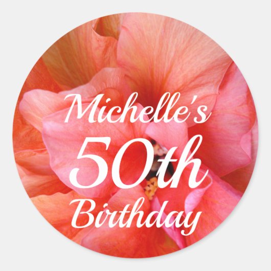 Aangepaste Naam 50e Verjaardag Sinaasappel Roze Bl Ronde Sticker (Voorkant)