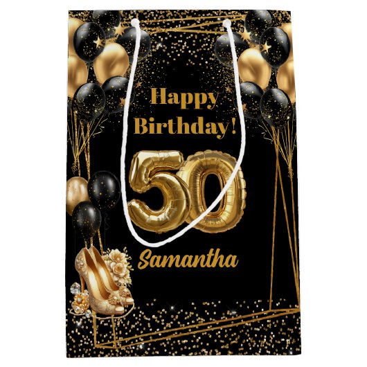 Aangepaste Naam 50ste Verjaardag Gift Bag Zwart Go Medium Cadeauzakje (Voorkant)