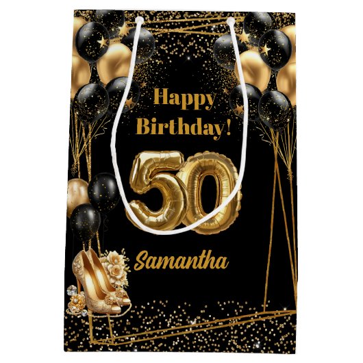 Aangepaste Naam 50ste Verjaardag Gift Bag Zwart Go Medium Cadeauzakje (Achterkant)