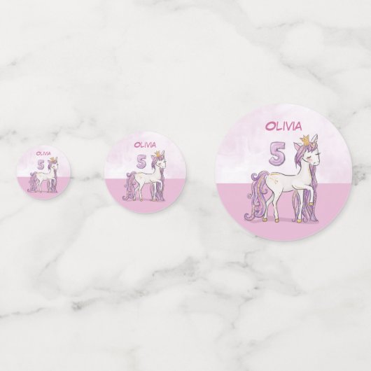 Aangepaste naam 5e verjaardag Roze paard met kroon Confetti (Voorkanten)