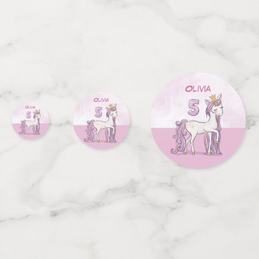 Aangepaste naam 5e verjaardag Roze paard met kroon Confetti (Achterkanten)