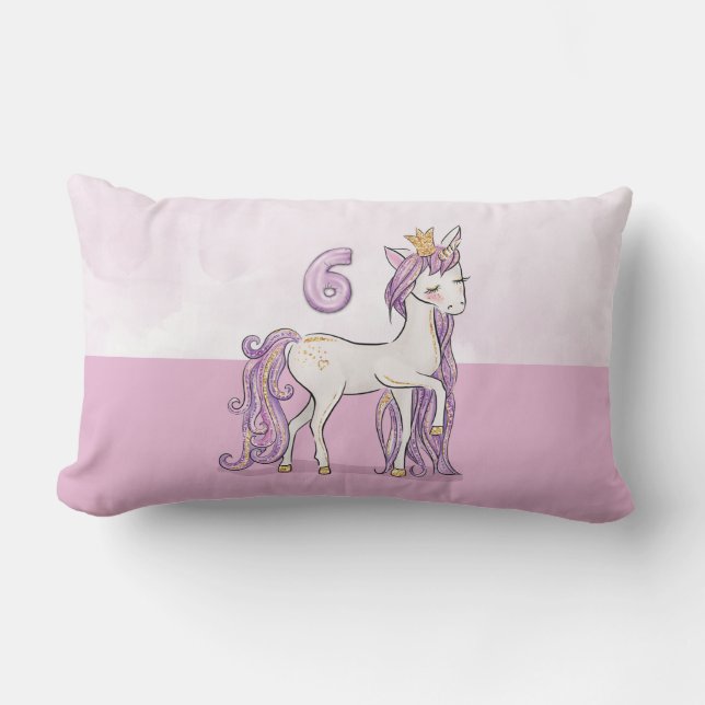 Aangepaste naam 6e verjaardag roze paard met kroon kussen (Voorkant)