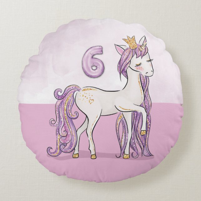 Aangepaste naam 6e verjaardag roze paard met kroon rond kussen (Voorkant)