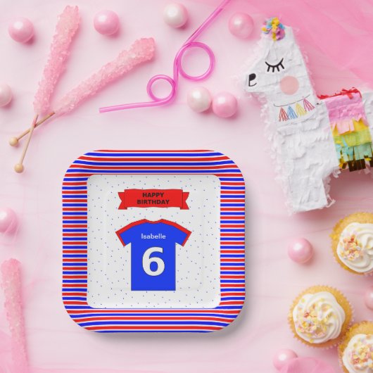 Aangepaste naam 6e verjaardagsfeest rood blauw vie papieren bordje (Feest)