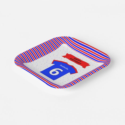 Aangepaste naam 6e verjaardagsfeest rood blauw vie papieren bordje (Gebogen)