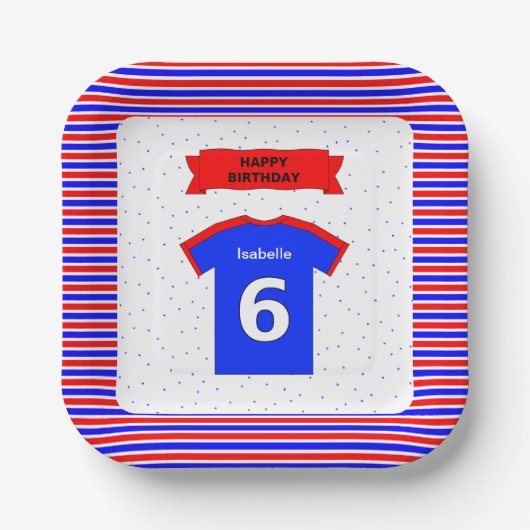 Aangepaste naam 6e verjaardagsfeest rood blauw vie papieren bordje (Voorkant)