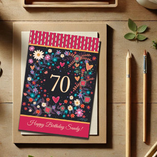Aangepaste Naam 70e Verjaardag Bloemen Harten Kaart