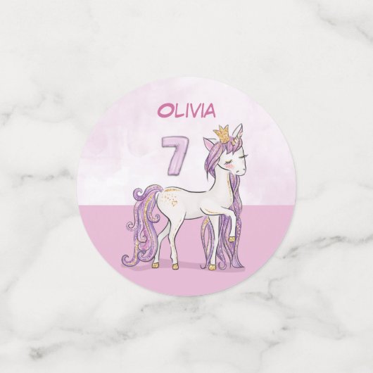 Aangepaste naam 7e verjaardag Roze paard met kroon Confetti (Kleine voorkant)