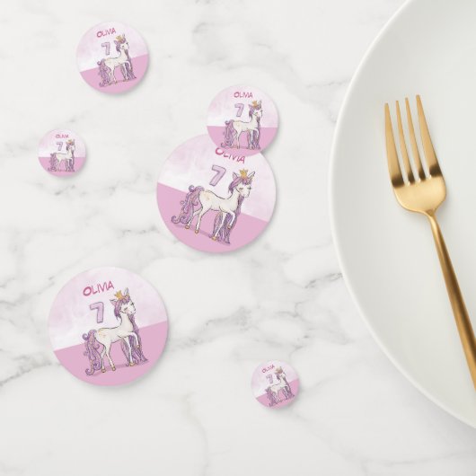Aangepaste naam 7e verjaardag Roze paard met kroon Confetti (Groep)