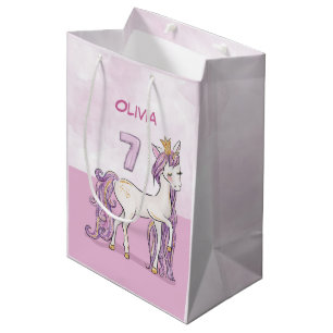 Aangepaste naam 7e verjaardag Roze paard met kroon Medium Cadeauzakje