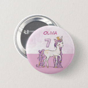 Aangepaste naam 7e verjaardag Roze paard met kroon Ronde Button 5,7 Cm