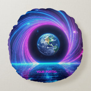 Aangepaste Naam 80s Retro Neon Planeet Portaal Rond Kussen