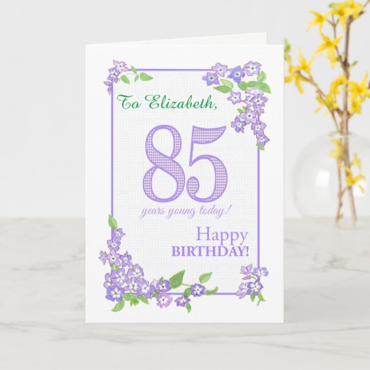 Aangepaste naam 85e verjaardag met Phlox Flowers C Kaart (Gele Bloem)