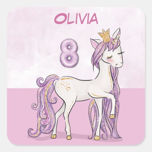 Aangepaste naam 8e verjaardag Roze paard met kroon Vierkante Sticker (Voorkant)