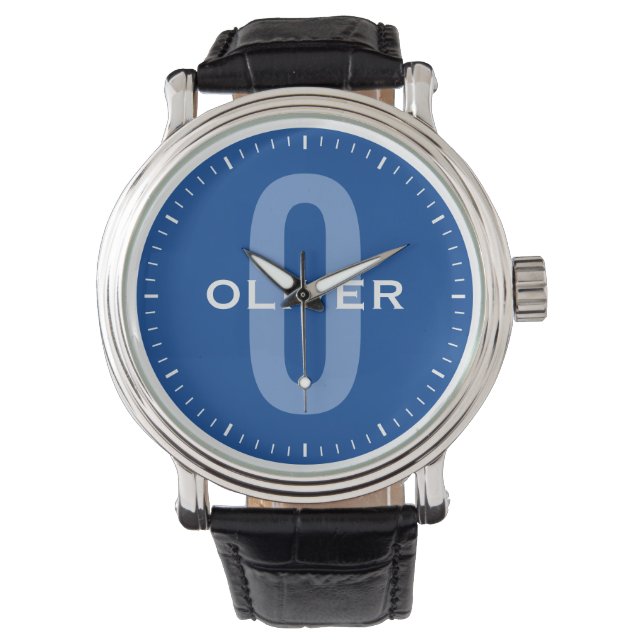 Aangepaste naam Aangepast Monogram Blauw Wit Horloge (Voorkant)
